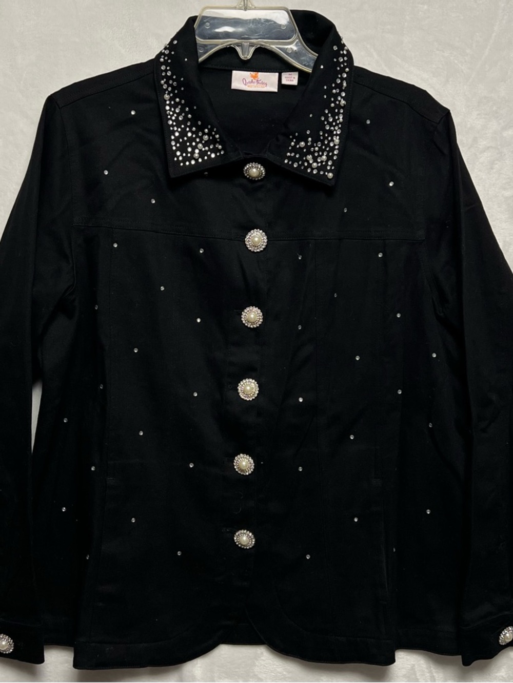 Quacker Factory Jacket Womens M Black Rhinestone Studded Pearl